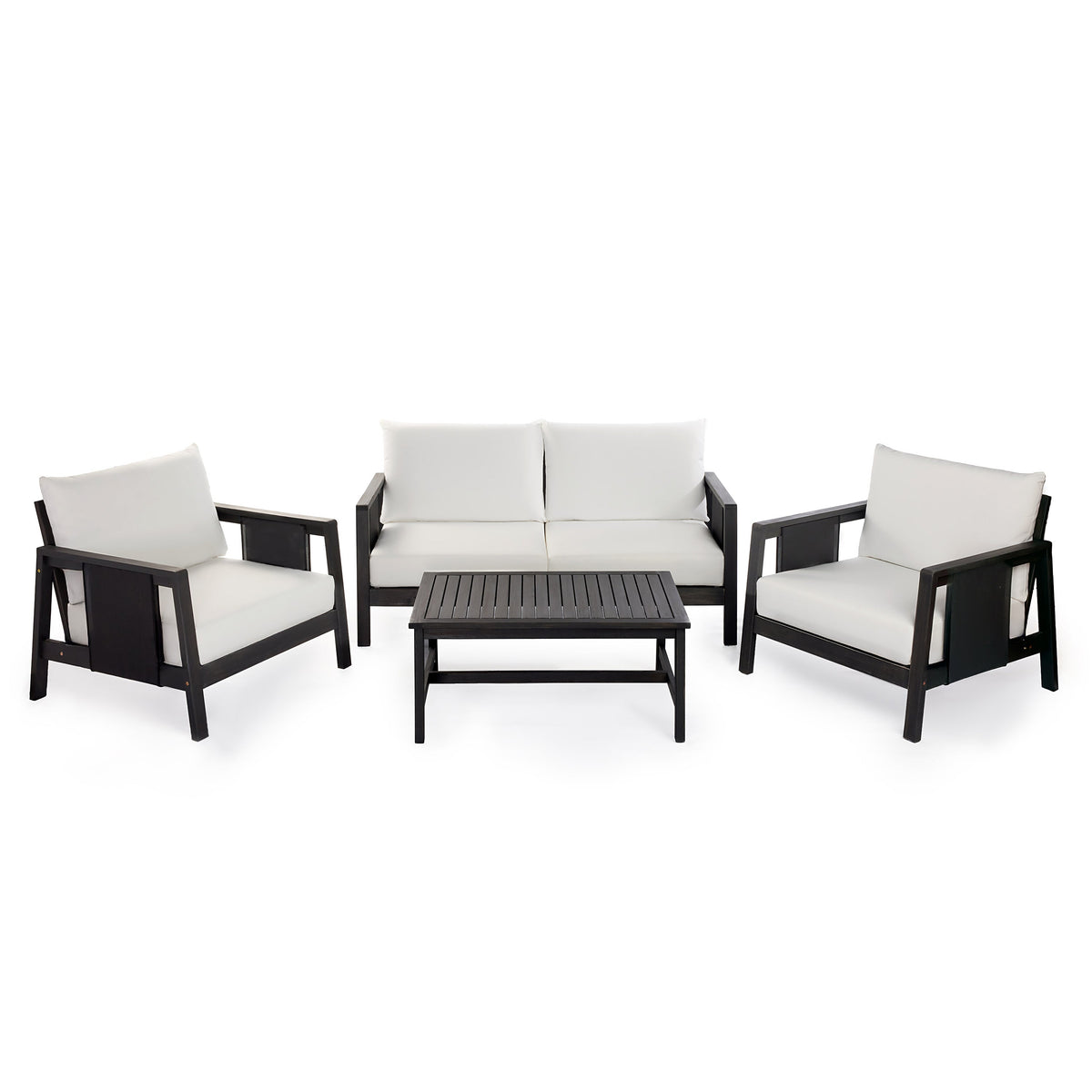 4-Piece Outdoor Sofa Set with Cushions - Acacia Wood, Waterproof Cushions, Dark Grey/White+Black