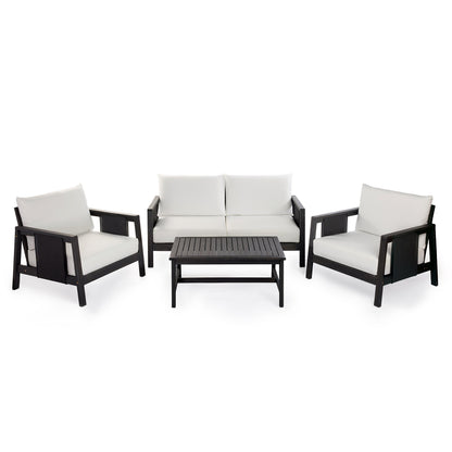 4-Piece Outdoor Sofa Set with Cushions - Acacia Wood, Waterproof Cushions, Dark Grey/White+Black
