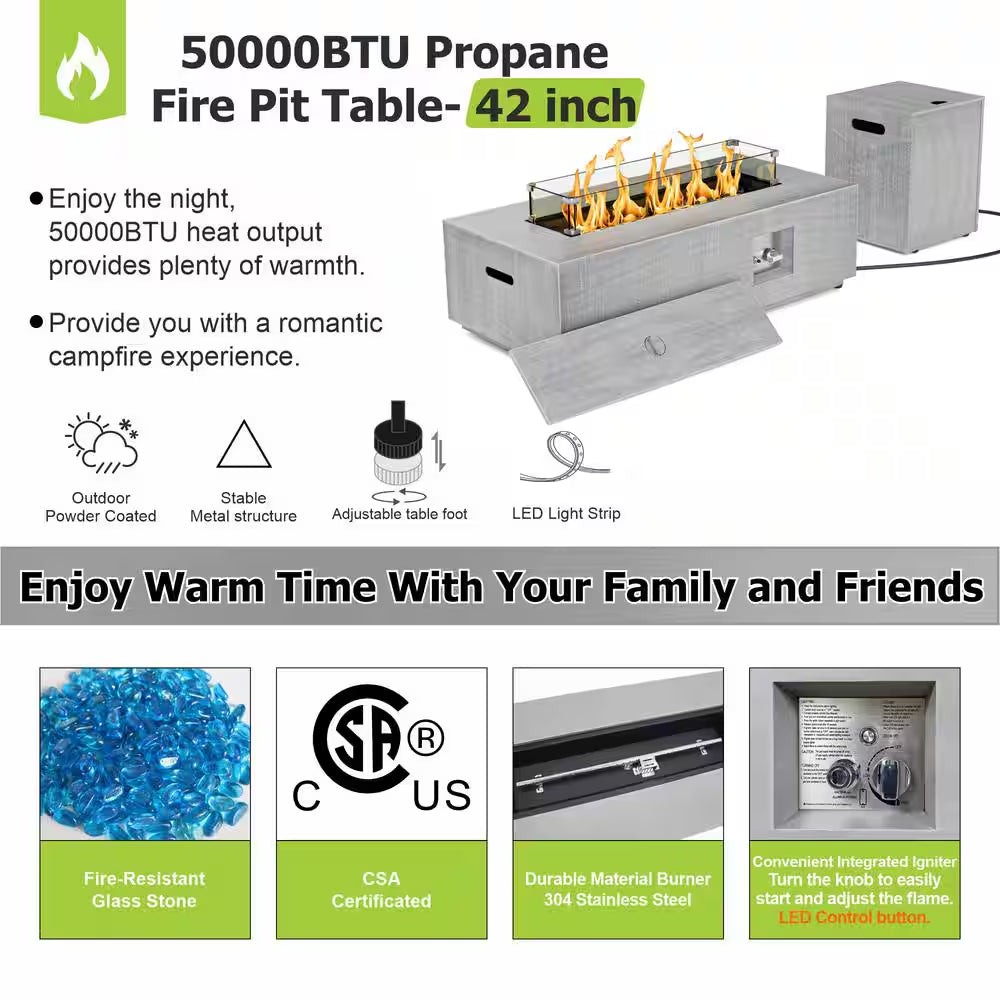42 In. 50,000 BTU Propane Fire Pit Table Rectangle Outdoor Propane Gas Firepit with LED Light