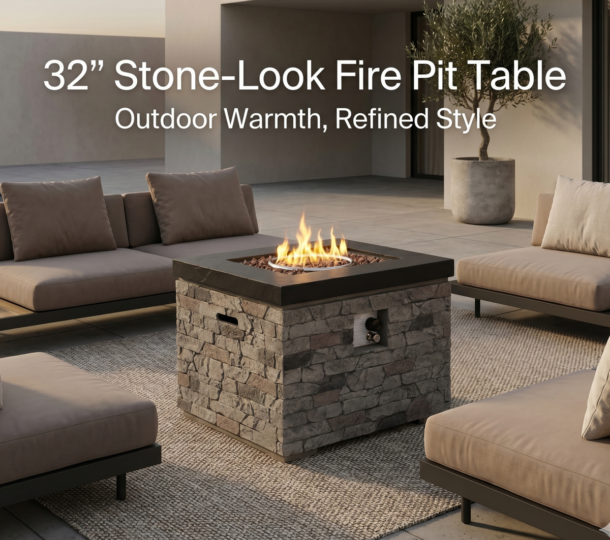32-Inch Outdoor Fire Pit Table with Lava Rocks - Black Stone Look
